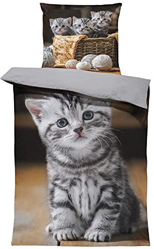 one-home 4 teilig Katzen Bettwäsche 135x200 cm süße Katze Welpen Baby grau Mikrofaser