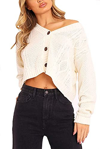STAR FASHION New Women's Ladies Chunky Cable Knitted Cropped Cardigan Long Sleeve 3 Button Short Crop Top Warm Sweater Jacket Pary Wear UK Size 8-14 Cream