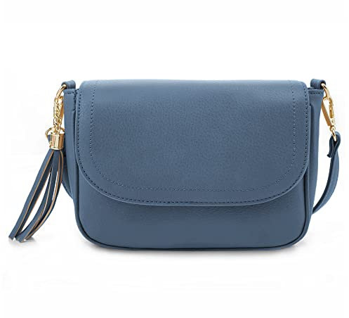 Evve kleine Umhängetasche für Damen, trendige Klappe, Satteltasche mit Quaste, veganes Leder, Schultertasche, Dunkelblau