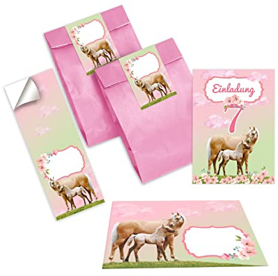 Junapack 12 Einladungskarten zum 7. Kindergeburtstag siebte Geburtstag Mädchen Pferd mit Fohlen mit Einhorn incl. 12 Umschläge, 12 Tüten/rosa, 12 Aufkleber