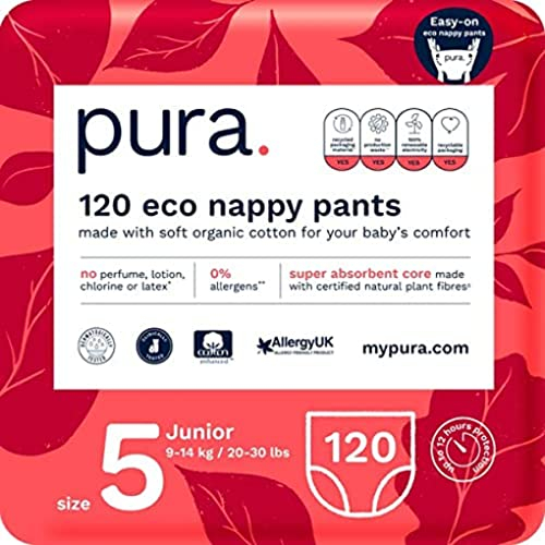 Pura Öko Baby Windelhöschen für Kleinkinder, Größe 5 (9-14 kg), 6 x 20 (120 Windeln), Monatsbox, Leicht Anzuziehen, Trainingswindeln, mit EU Ecolabel Zertifiziert, Ohne Duftstoffe