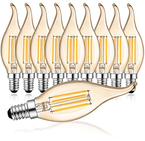 Belaufe E14 Kerzen LED Lampe Dimmbar für Kronleuchter, C35 LED Filament Fadenlampe, 4W LED Birne Ersetzt 30 Watt, 350 Lumen, Warmweiß 2700K,Amber Glas, 10 Stück