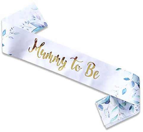 Satin Mummy to Be Sash – White with Gold Text & Botanical Flowers – Neutral Unisex Baby Shower Sash for Mum – Party Decoration & Keepsake Gift