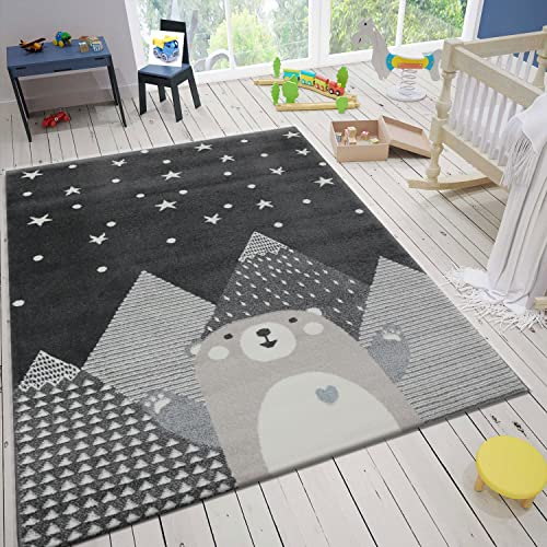 VIMODA Kinderteppich Babyteppich Kinderteppich für Mädchen und Jungs mit lächelndem Bären Motiv | Teppich für Kinderzimmer | Farbe: Grau Anthracite & Creme, Maße:120x170 cm