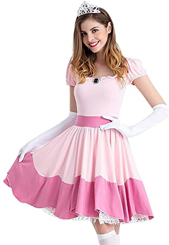 WANGTIANXUE Prinzessin Kindheitshelden Kostüm (Peach Kleid + Krone + Handschuhe) - Prinzessinen Kostüm-Set für Damen - Kostüm Damen - Perfekt für Fasching, Karneval & Cosplay