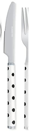 20 Piece Long Handle Thickened Black and White Polka Dot Silverware Tableware Set for 4 People, 18/10 Stainless Steel Flatware Set, Table Knife Fork Spoon Fruit Fork Tea Spoon Cutlery Sets (White)