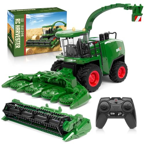Uarzt Remote Control Combine Harvester Tractor Toy, 1/24 Scale RC Harvester Toys for Kids with 2 Grian Heads/2 Rechargeable Batteries/Light, Farm Toys for 4 5 6 7 8 9 Year Old Boys Birthday Gift
