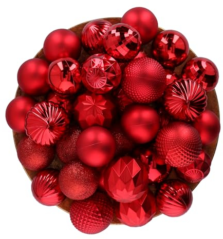 Giftsome 60 Weihnachtskugeln Set - Christbaumkugeln Rot - Weihnachtsbaum Deko - Christbaumschmuck - Weihnachtsbaumkugeln - Für den Innen- und Außeneinsatz - Kunststoff
