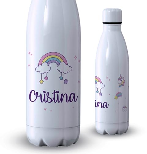 Botella personalizada con diseño unicornios y texto 500ml | Botella de agua acero inoxidable térmica de doble capa | Libre de BPA y reutilizable | Bebidas frías 24h y calientes 12h