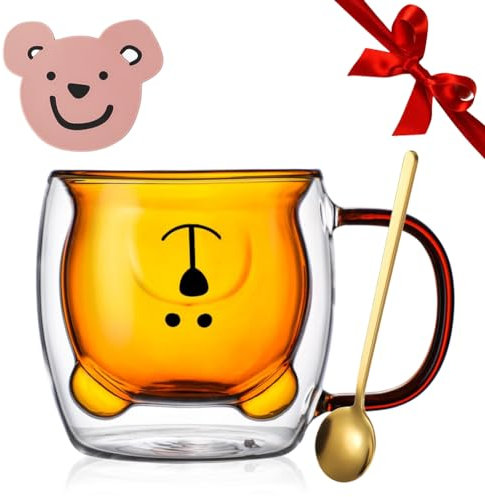 Yuragim Süße Tassen Bär Kaffeetasse Becher Doppelwandige Isolierte Espressotasse Kawaii Teegläser mit Henkel+Löffel+Untersetzer, Geschenk für Frauen Ideen Weihnachten Geburtstagsgeschenke (Braun)