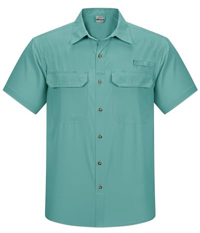 Outdoor Ventures Men's Quick Dry Casual Shirts UPF 50 Button Down Hiking Shirts Lightweight Short Sleeve Cooling Shirt for Safari Fishing Golf Travel Teal Blue 4XL
