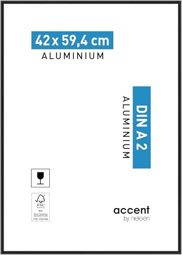 accent by nielsen Bilderrahmen, 42 x 59,4 cm (A2), Aluminium, Schwarz matt, Posterrahmen zum Aufhängen im Hoch- & Querformat, Echtglas, Accent