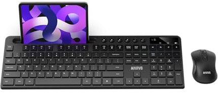 MARVO Set tastiera e mouse wireless 2.4G, layout inglese QWERTY ergonomico, con supporto per smartphone, per PC/laptop, nero