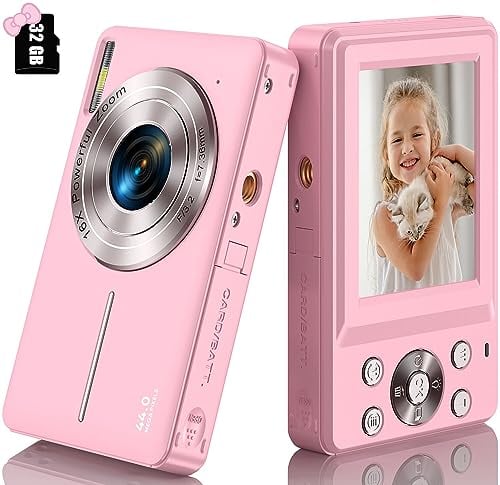 Pink 44MP HD Compact Digital Camera with 32GB Card, 1080P Video, 16X Zoom, 2.4 Screen, Ideal for Kids & Beginners