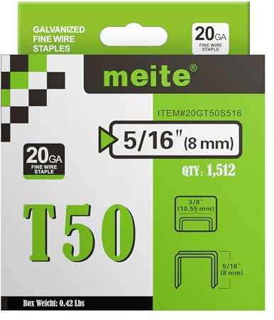 meite Agrafes T50, agrafes robustes longueur de 8 mm pour agrafeuse, calibre 20, couronne de 10,55 mm, agrafes galvanisées pour ameublement (1 512 pièces)
