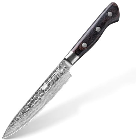 FINDKING Couteau d'Office en Acier Damas 5 Pouces, Petit Couteau Utilitaire de Cuisine Multifonction, Couteau à Fruits Tranchant, Portable pour Pique-nique, Voyage ou Utilisation en Bar (Série Raven)