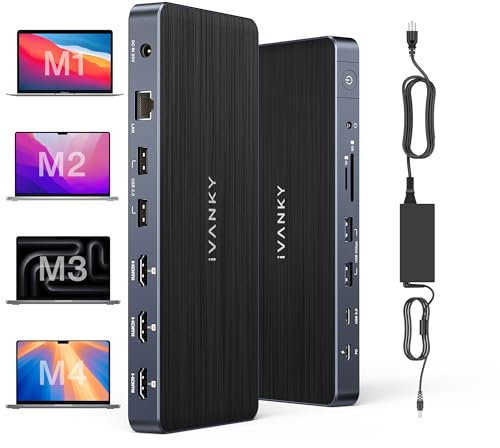 iVANKY für M4/M3/M2/M1 MacBook Pro/Max Docking Station USB C mit 150W-Netzteil, 14-in-1 4K@60Hz Triple Monitore DisplayLink Mac Dock, 3*HDMI, 96W PD, SD/TF, Black