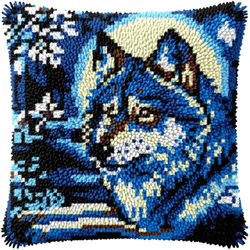 kitphoenix Latch Hook Kissen Kit Wolf Knüpfkissen Set für Anfänger Erwachsene oder Kinder zum Selber Knüpfen, DIY Knüpfteppich Knüpfpackung, Knüpfhaken Set 43 x 43 cm