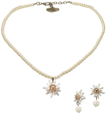 Alpenflüstern Parure de bijoux pour costume traditionnel - Collier de perles et boucles d'oreilles pour costume traditionnel - Avec edelweiss en strass - Greta petit - Pour femme - Collier Dirndl et