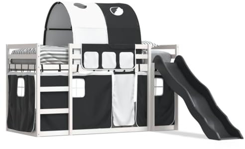 ShGaxin Lit superposé avec toboggan et rideaux noir et blanc 90 x 190 cm, base de lit, structure de lit, cadre de lit, lit juvénile, lit juvénile, lit de chambre, sommier - 3284155