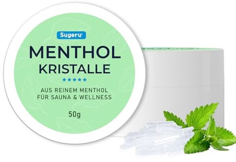 Sugeru Mentholkristalle - Hergestellt aus Reiner Minze - In Wiederverschließbarer Dose - Erfrischendes Sauna Zubehör - Saunaaufguss - Sauna Aufgussmittel mit Wohltuendem Aroma - Saunazubehör (50g)