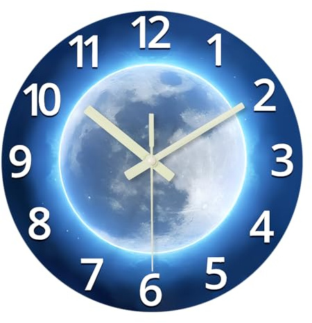 Glow in The Dark Wall Clocks Battery Operated 12 Inch Blue Kitchen Clocks Wall Decorative Analog Silent Wall Clock for Kids Bedroom