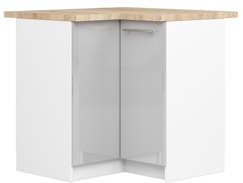AKORD | Eck-Küchenschrank mit Arbeitsplatte - Oliwia S90 | Küchenunterschrank mit 2 Türen und 2 Einlegeböden | Unterschrank Küche 90 cm Breit | ABS-Kante 18 mm | 46x90x85 cm | Weiß & Metallic-Glanz