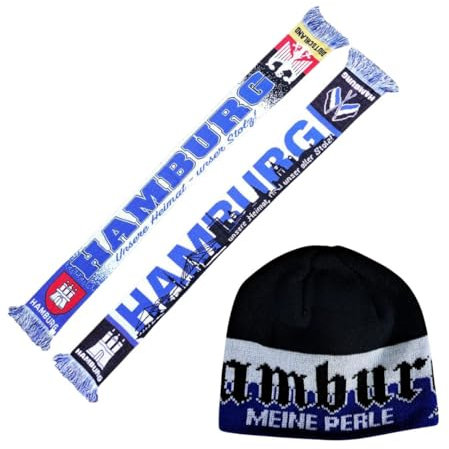 Hamburg Fan-Set Nr. 2 (1x Jacquardschal + 1x Strickmütze), blau-weiss-schwarz, Fussball, 1887, Weihnachten, Christmas, Geschenke