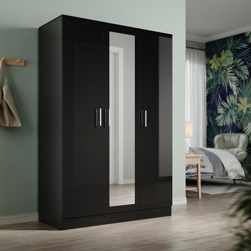 ZANOFIRA 3 Doors Mirrored Chest of Drawers with Hanging Rail and 5 Shelves, Modern High Gloss & Matt Chest of Drawerss with Large Capacity for Bedroom, Black