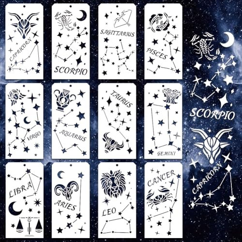 GOMAKERER 12 Stück Dekorative Stern Schablonen Zum Malen, 12 Stil Stern Und Mondschablonen Wiederverwendbare Malschablonen Mit Sternzeichen Konstellation Zum Bemalen von Möbeln Scrapbook Dekor