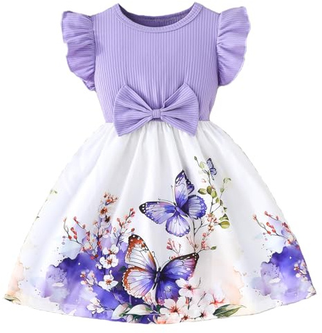 Codkkre Vestito Bowknot Bambina Vestitos Girocollo Bambina con Maniche a Balze Vestito da Bambina con Fiori A-Line Abiti Bambine e Ragazze Abito da Principessa da Festa Taglia 4-8 Anni