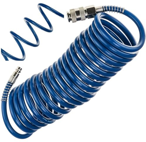 Druckluftschlauch SP-PE 5 m, Flexibler Spiralschlauch 6,5/10 mm, Luftschlauch PE, max. Druck 10 Bar, mit Knickschutz und Schnellkupplung, für Garage und Werkstatt