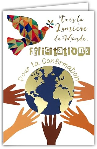 AFIE 68-6502 Biglietto di auguri per la tua conferma uomo donna cristiana cattolica Sei la luce del mondo Spirito Santo Colomba della Pace in oro dorato, con busta, 12 x 17,5 cm, made in France