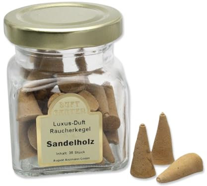 LivuX Räucherkegel „Luxusdüfte Sandelholz“ – 35 STK. im Glas – Warmer, holziger Duft für Entspannung und eine beruhigende Atmosphäre 1088