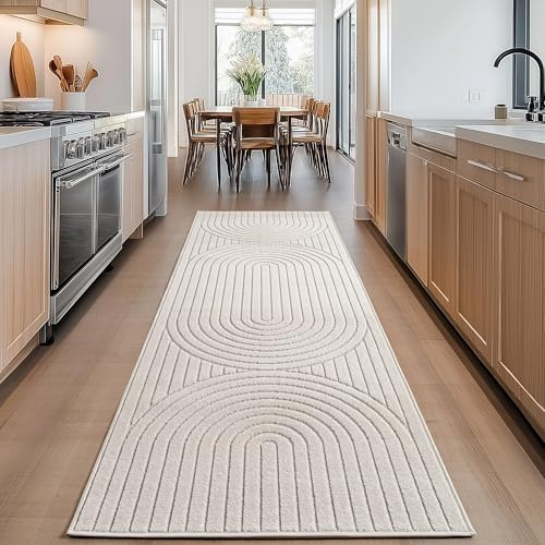 Carpettex Outdoor Teppich wetterfest, Wohnzimmer, Schlafzimmer, Garten, Balkon, Kurzflor Creme, Hoch-Tief-Effekt, weich & waschbar, pflegeleicht, 80x250 cm