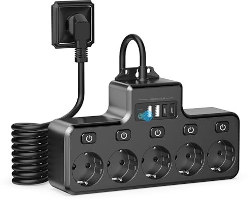 COLSTAR Mehrfachsteckdose, Steckdosenleiste mit USB, 1,8m Kabel für Büro | Wandmontage, Überspannungsschutz, 5 einzeln schaltbare Plätze, 4 Touch-Ports (2 Typ-C), 4000W, V0 flammhemmend