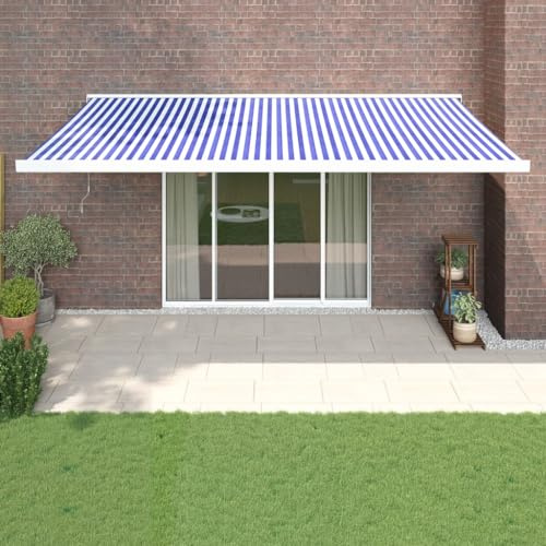QJBSAVVA Auvent rétractable bleu et blanc, 5 x 3 m, protection UV, en aluminium, pour terrasse, balcon et jardin
