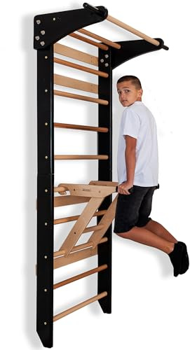 ARTE WIC Sprossenwand Holz mit Klimmzugstange & Barren (klappbar) - Indoor Klettergerüst für Kinder & Erwachsene - Turnwand bis 150kg Wandleiter für Krafttraining & Stretching (Schwarz)