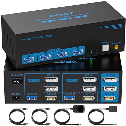 8K@60Hz HDMI Displayport KVM Switch 3 Monitors 2 Computers 4K@120Hz Triple Monitor KVM Switches two computers share 4 USB 3.0 port, Include DC12V adapter, desktop controller, and 2 USB 3.0 cables