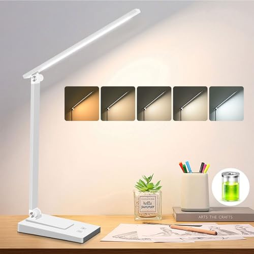 ErayLife Schreibtischlampe LED Tischlampe Kabellos, 800 lm, 2600 mAh | 5 Lichtfarben, 5 Helligkeitsstufen, Zusammenklappbar, Aluminium, geeignet für Schüler und im Büro (Weiß)