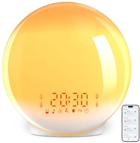 ARTINABS Tageslichtwecker Lichtwecker Sonnenaufgang Simulation mit App | Sonnenaufgang Simulation, Smart App Steuerung, Bluetooth, UKW-Radio, 4 Alarme, 7 Naturgeräusche, 12 Lichtfarben Dimmbar