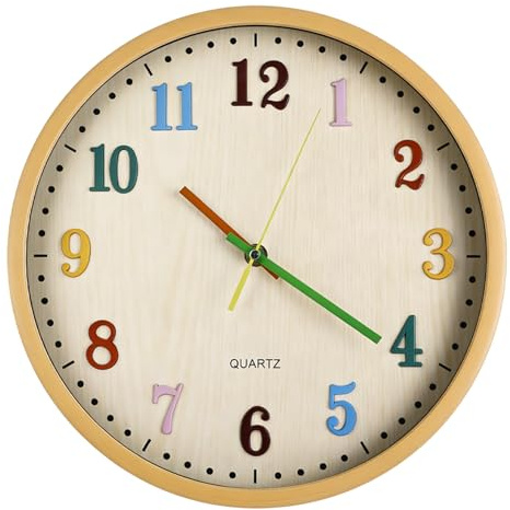 GBKDQQ Wanduhr Kinder Lernuhr 30cm Mit 3D Zahlen Ohne Tickgeräusche Lautlos, Kinder Wanduhr Farbenfrohe, Wall Clock Holz-Optik Design Für Jungen Mädchen Kinderzimmer Schlafzimmer Schule Dekor