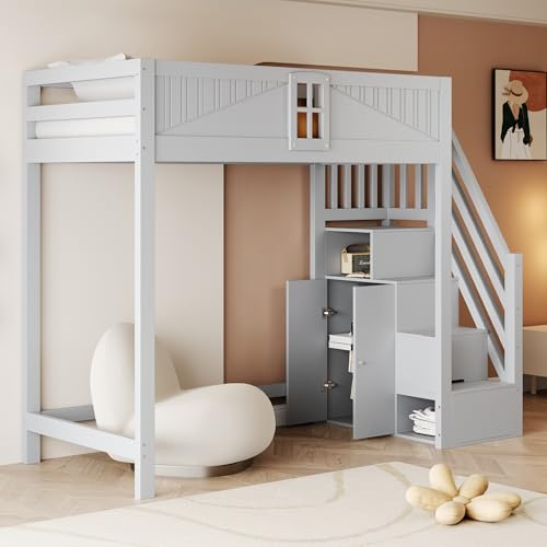 Merax Massivholz-Hochbett 90x200 cm, Kinderbett mit Seitliche Ablage & Austauschbarer Leiter Links/Rechts, Multifunktionsbett mit Stauraum, Grau (ohne Matratze)