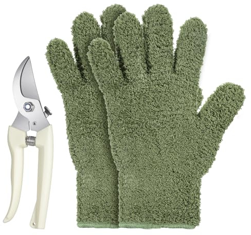 Tucnoeu 2pcs Microfiber Gloves for Plant Dusting with Gardening Scissors, Dusting Gloves, Plant Cleaning Gloves, Gentle Leaf Shine for House Furniture Blinds Kitchen Plants