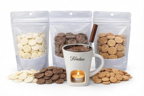 Chocolate Fondue Gift Set – Yogurt, Milk Chocolate & Peanut Butter Wafers – Fondue Mug with Fork & Tea Light Candles – Dessert Dipping Kit