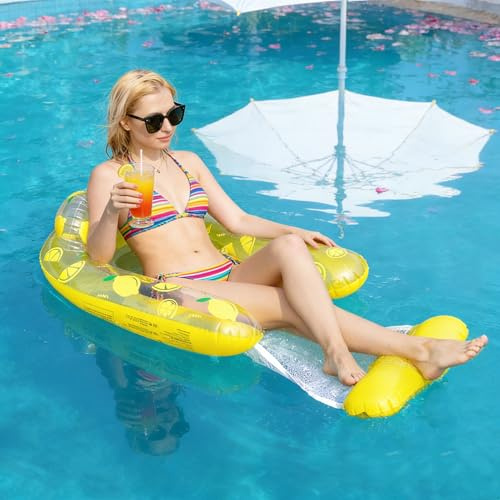 Colchoneta Piscina Adultos, 4 en 1 Flotadores Piscina Silla de Descenso Acuático con ReposaCabezas y Red, Hamaca Hinchable Portátil y Plegable para Piscina, Playa, Lago y Vacaciones