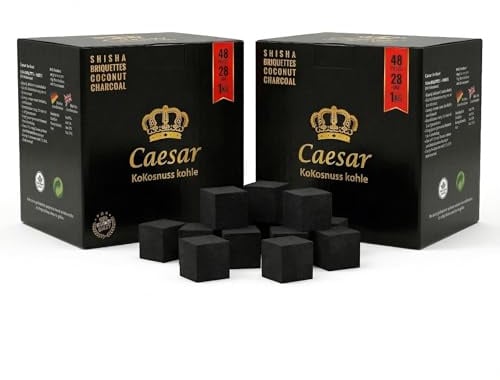 Caesar Shisha Kohle 28 mm 2 kg – Premium Kokos Naturkohle XL Würfel für Shisha & HMD, 2 x 1 kg Einzelpackungen, 96 Würfel, raucharm, wenig Asche, langanhaltende Hitze