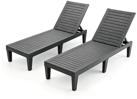 GIANTEX Tumbona de Jardín Exterior con Respaldo Ajustable en 5 Posiciones, Tumbona Reclinable de PP con Acabado Efecto Madera, Carga 180 kg, para Playa, Balcón, Terraza, Piscina (2, Negro)