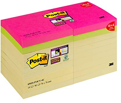 Post-it Super Sticky Notes Promotion 654SS-P14CY+4C – Selbstklebende Haftnotizzettel in 76 x 76 mm – 18 Notizblöcke quadratisch à 90 Blatt in Gelb