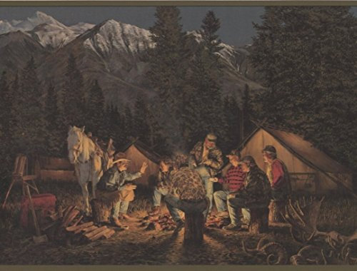 Mountain Night Camp Fire Horse Cowboys Tent Dark Green Trim Wide Wallpaper Border Retro Design, Roll 15' x 10